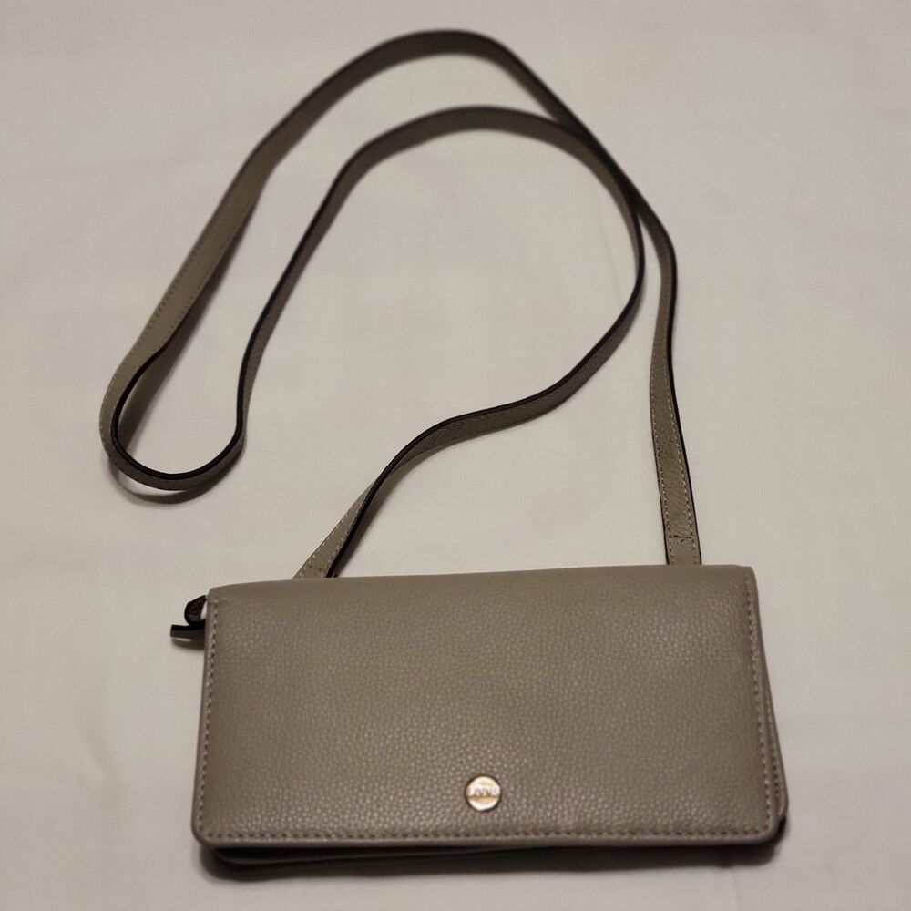 Lodis Women's Halft Fold Wallet Crossbody Gray Pebbled Leather Adjustable Strap